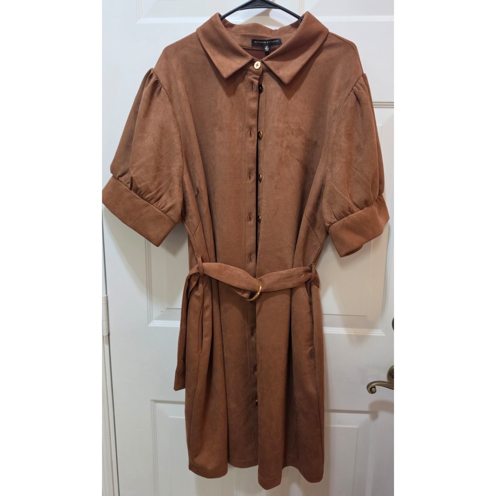 NWT Adrienne Vittadini Cognac Faux Suede Belted Shirtdress - Size 3X